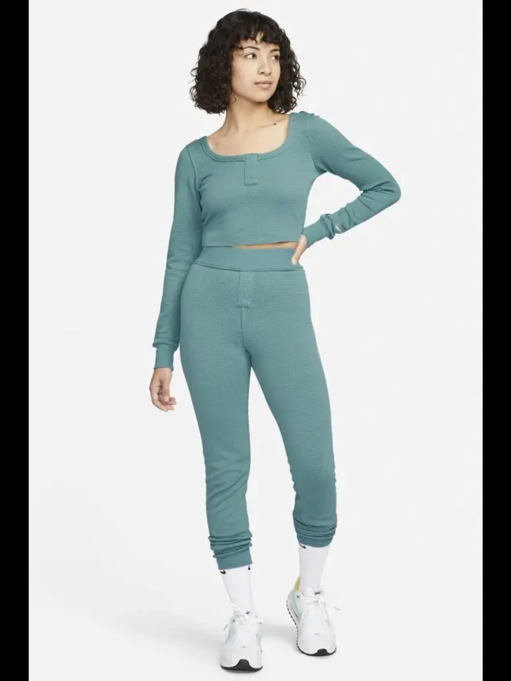 NWOT Nike Women’s Medium Everyday Waffle Knit Crop Top & Legging Pant Set M Teal